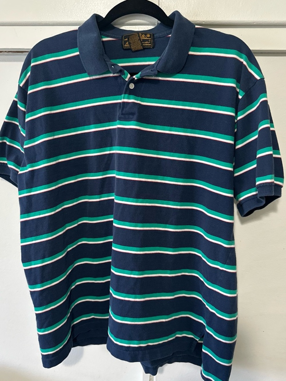 Vintage 90s Eddie Bauer Striped Polo Shirt Navy Green l Men’s XL Short Sleeve